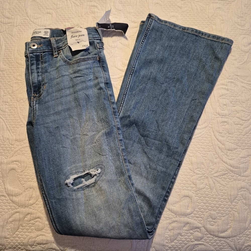 Abercrombie girls size 13/14 LONG high rise flare distressed jean NWT